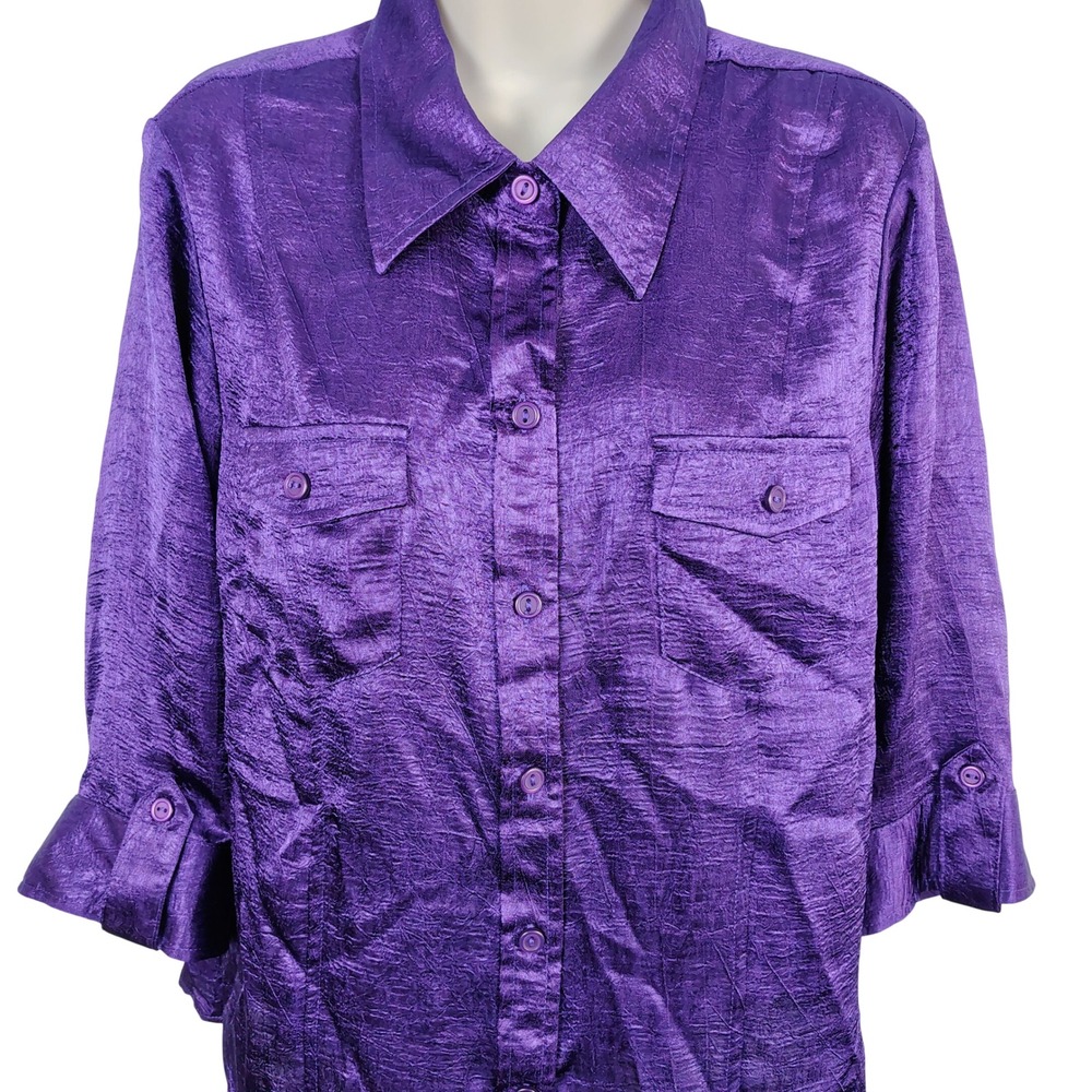 Womens L Joanna Button Down Shirt Purple Crinkle Texture Y2K Retro Workwear